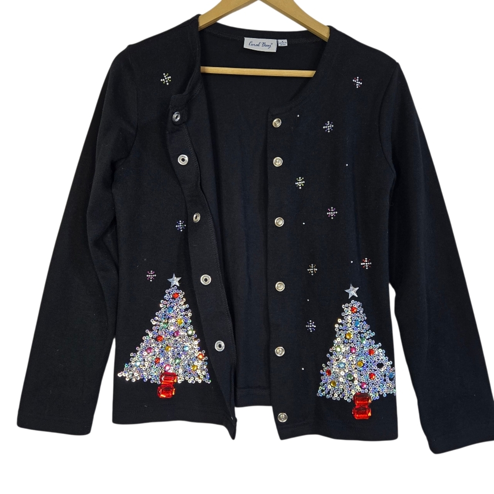 Coral Bay Women's Sz S Black bedazzled Holiday Lightweight Cardigan - Picture 2 of 10